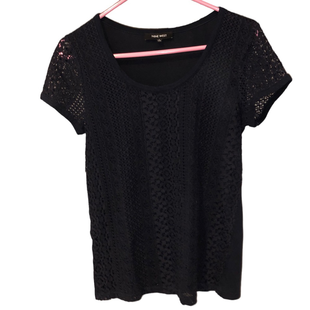 NINE WEST Small blouse blue blue navy w/ embroidered top see though short sleeve